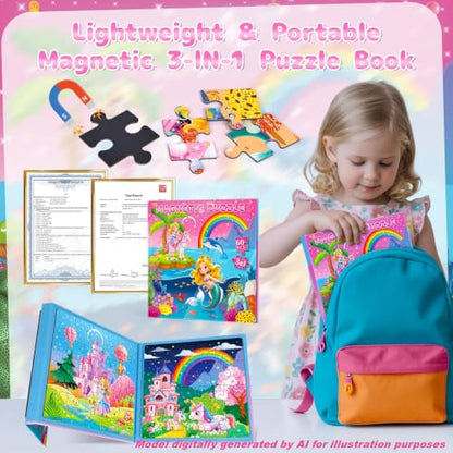 Mermaid Princess Unicorn Magnetic Puzzles for Toddlers 3-5 Girls, 3x20 Travel Puzzles for Toddlers 4-6 Montessori Preschool Learning Activities, Ideal Road Trip Activities Toys for 3 4 5 6 Girls - style: Princess 60Pcs