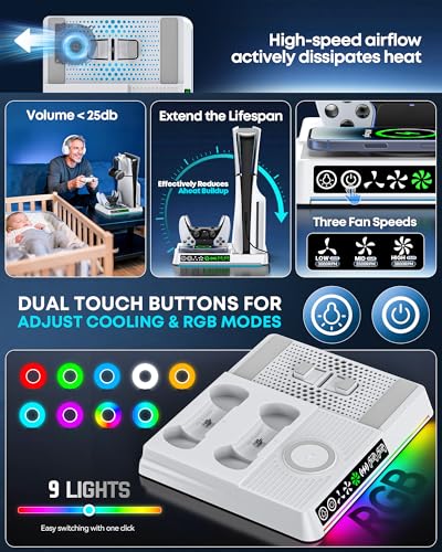 PS5/Slim/Pro Cooling Station with Wireless Charging & Dual Controller Dock | Wireless Phone Charger, 2.5H Fast Charging Base for DualSense & Edge Controller, 3‑Speed Fan, 9-color RGB PS5 Vertical Stand