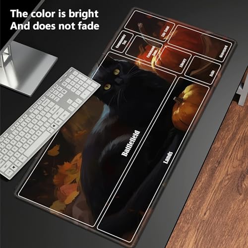 Board Game Mat TCG Playmat Plus 50 Pcs Card Sleeves, 24 x 14 inches Table Mats Games Mousepad with Zones Smooth Surface for MTG RPG CCG Trading Card Game Play Mats, Black Cat Pumpkin - color: Black Cat Pumpkin, size: Zone 1