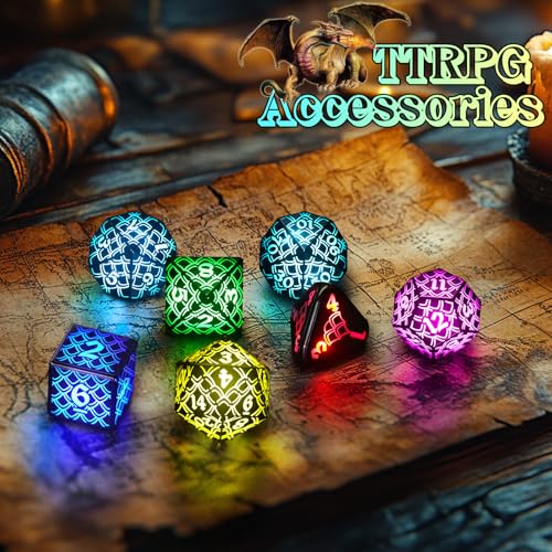 LED DND Dice Set, Light up Dice Rechargeable for RPG DM Gifts, RGB-LL | ZHOORQI Polyhedral Dice Set with Charging Box, Glow in The Dark Dice for D and D (Dungeons and Dragons) Role Playing Game - color: Rgb-dragon Scales