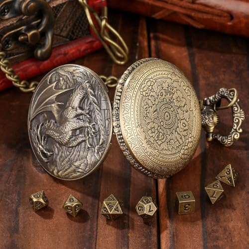 Mini D&D Dice Set with Steampunk Red Dragon Pocket Watch Shell Case, Tiny 7pcs Polyhedral Metal DND Dice, Gift Set with Leather Bag, RPG Accessories, DND Starter Set, Bronze - color: Red Dragon