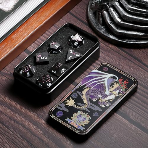 Glitter Purple Metal D&D Dice, DNDND 7 PCS Flower Metallic DND Dice Set with Gorgeous Gift Case for Dungeons and Dragon Tabletop Game (Matte Black with Glitter Purple Flower) - color: Flower Glitter Purple