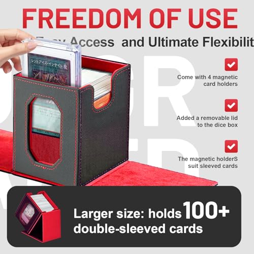Trading Card Storage Box with Commander Display for MTG, TCG, Sports Cards, 5-in-1 Card Deck Box, Holds 450+ Double-Sleeved Cards, 4 Individual Deck Cases with Covers, Dice Tray & Magnetic Holders - color: Black & Red