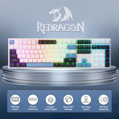 Redragon K668 Wired Gasket RGB Gaming Keyboard, 108 Keys Mechanical Keyboard w/Extra 4 Hotkeys, Upgraded Hot-swappable Socket, Sound Absorbing Foam, Mixed Color Keycaps, Custom Linear Switch - color: Glacier Azure