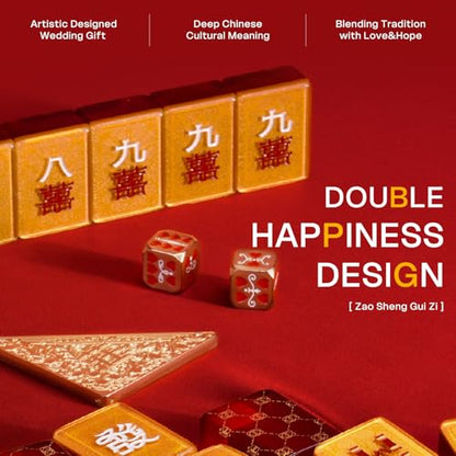 Luxury Chinese Mahjong Set - 144 Professional Acrylic Tiles with Red Designer Handbag Case - Double Happiness Art Edition for Weddings, Anniversaries& New Year - Premium Cultural Collectible gift - color: Red 1