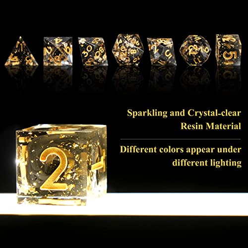 DND Dice Set Handmade 7 Accessories Sharp Edge Dice for Dungeons and Dragons TTRPG Games, Multi-Sided RPG Polyhedral Resin Sharp Edge Dice Roleplaying Games (Black Gold) - color: Black Gold