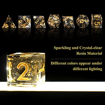 DND Dice Set Handmade 7 Accessories Sharp Edge Dice for Dungeons and Dragons TTRPG Games, Multi-Sided RPG Polyhedral Resin Sharp Edge Dice Roleplaying Games (Black Gold) - color: Black Gold