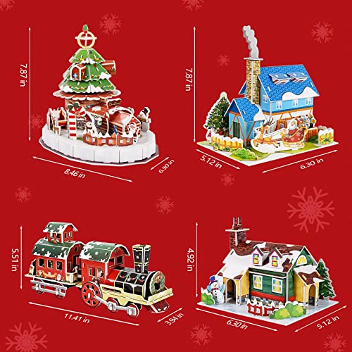Whaline Christmas Puzzle Toy Set 3D Cute Jigsaw Paper Model Winter Simple Puzzle Paper and EPS Foam Board Toys for Kids Gift Santa Xmas Tree Cottage Train Creative DIY Model Building kit for Toddler