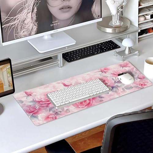 31.5”x11.8”Large Gaming Mouse Pad for Desk, Mouse Mat with Seamed Edges, Waterproof Desk Pad, Non-Slip Rubber Base, Keyboard Pad Computer Mat, Big XL Mousepad-Pink Roses Watercolor - color: Pink Roses Watercolor