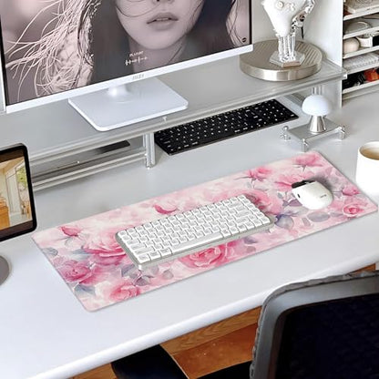31.5”x11.8”Large Gaming Mouse Pad for Desk, Mouse Mat with Seamed Edges, Waterproof Desk Pad, Non-Slip Rubber Base, Keyboard Pad Computer Mat, Big XL Mousepad-Pink Roses Watercolor - color: Pink Roses Watercolor