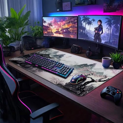 Japanese B&W Cherry Blossoms Gaming Mouse Pad Desk Mat 31.5"x15.7 | Extended Mousepad, Non-Slip Rubber Base , Stitched Edges, for Computer/Laptop/Office/Home - color: Black and White