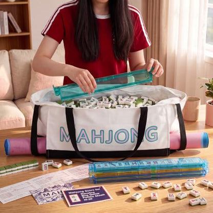 Abbylike 28x9 Inches Mahjong Bag for Rolled Mat Tiles Racks Pushers Accessories Empty Mahjong Tote Bag with Zipper Closure Outer Pockets Lining Large Capacity(Natural White&Black,Canvas) - color: Natural White&black