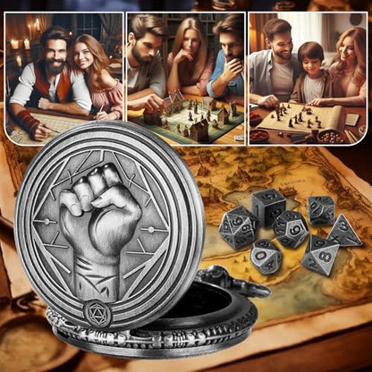 Mini DND Dice Set with Steampunk Monk (Fist) Pocket Watch Case, Tiny 7PCS Polyhedral Metal D&D Dice, DND Gifts with Gift Box, Role Playing Game Board Game Accessories Dice, Dark Silver - color: Dark Silver