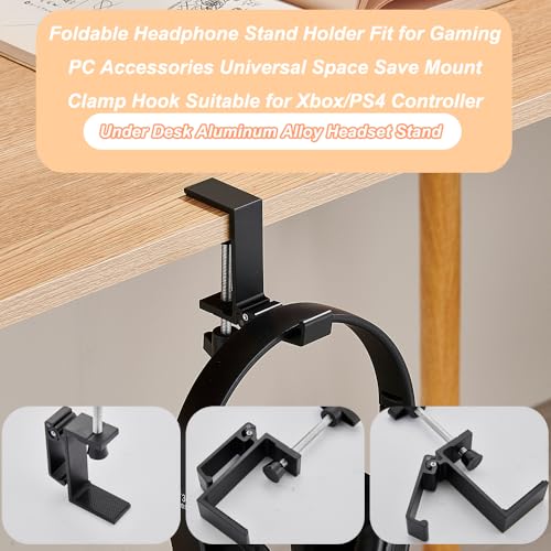 Foldable Headphone Stand Hanger Holder Under Desk Aluminum Alloy Headset Stand Fit for Gaming PC Accessories Universal Space Save Mount Clamp Hook Suitable for Xbox/PS4 Controller Office Computer Desk - color: Black