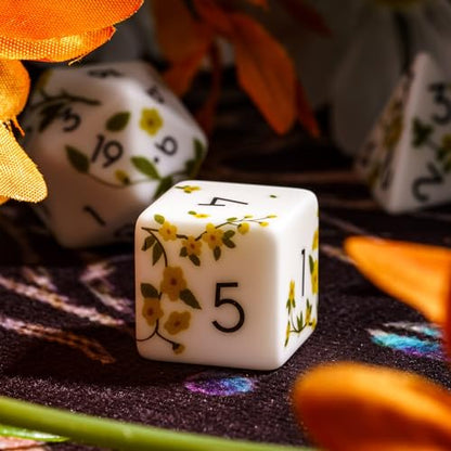 White DND Dice Set Flower Polyhedral Dice Set for D&D Tabletop Games | Premium Gift Box, DM Gift, for Dungeons and Dragons Role Playing Games - color: Pattern-yellow Flower