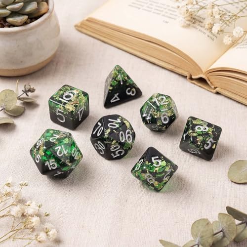 Haxtec DND Dice Set, 7 Pcs Gold Foil Resin Polyhedral Dice for Table Game | Green Black D&D Dice for Role Playing Games with Velvet Pouch, Compatible with Dungeons and Dragons, Gifts for DM Masters - color: Green Black