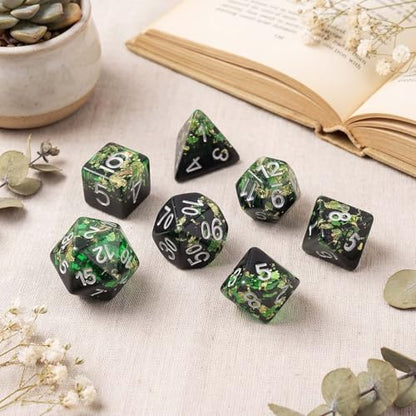 Haxtec DND Dice Set, 7 Pcs Gold Foil Resin Polyhedral Dice for Table Game | Green Black D&D Dice for Role Playing Games with Velvet Pouch, Compatible with Dungeons and Dragons, Gifts for DM Masters - color: Green Black