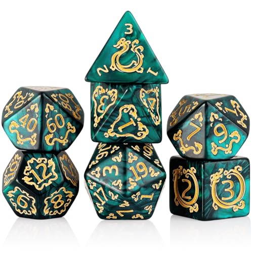 DND Dice Set - 7 Polyhedral Role Playing Dice with Gold Dragon Design, Acrylic D&D Dice Perfect for Dungeons and Dragons, Pathfinder, Warhammer, RPG Games (Green) - color: Gold Dragon-green