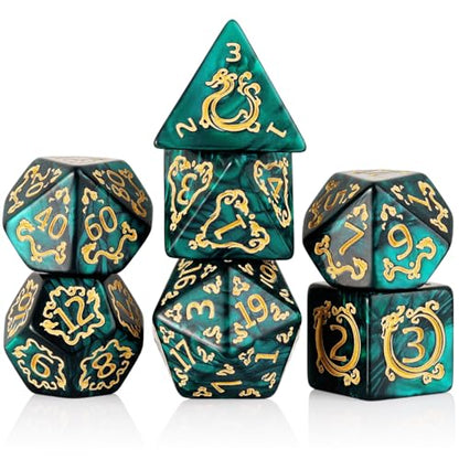 DND Dice Set - 7 Polyhedral Role Playing Dice with Gold Dragon Design, Acrylic D&D Dice Perfect for Dungeons and Dragons, Pathfinder, Warhammer, RPG Games (Green) - color: Gold Dragon-green