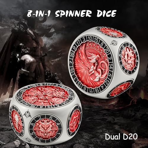 DNDND Dual D20 8-in-1 Spinner Metal Dice - Hexagonal Spinning D&D Monster Themed Dice Set for TTRPG Dungeons and Dragons, Dungeon Masters with Collectible Gift Tin (Silver with Red) - color: Silver Red