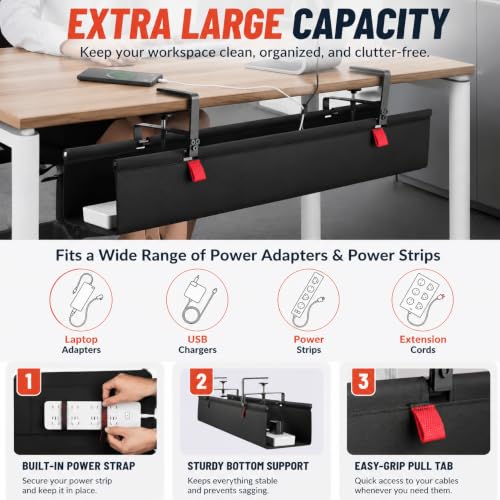 No Drill Under Desk Cable Management Tray, 90cm Cord Organizer for Table, Clamp/Screw Mount Desk Cable Management