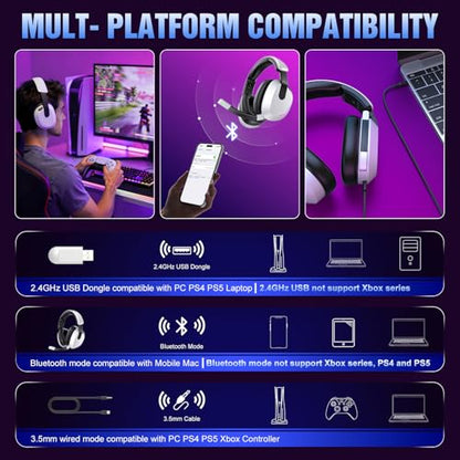 BENGOO 60H Wireless Gaming Headset with RGB Lights for PS5 PS4 PC | 7.1 Surround Sound, Noise Cancelling Mic, Bluetooth 5.4, Memory Foam Ear Cushions, Compatible with Switch Mac - color: White