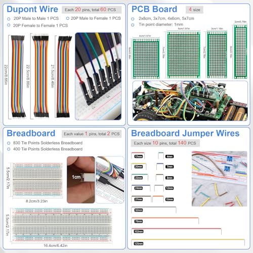 Electronic Component Kit, 1780 Pcs DIY Electronics Kit with Resistors,Capacitor,LED Diodes,Transistors,Dupont Wire,Breadboard,PCB,Potentiometer,Triode,IC,Crystal Oscillator,Buzzer,Switch,Motor,Speaker - style: 1780 Pcs