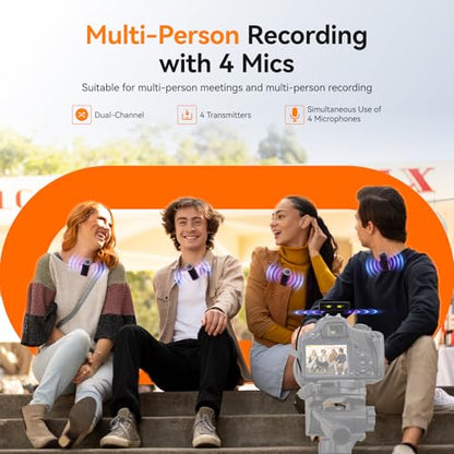 SVBONY D4 4-Person Wireless Lavalier Microphones Systems for Interviews | Compatible with iPhone Android Camera, Safety Track, 656ft Range, 2-Level Noise Reduction, Magnetic Mount