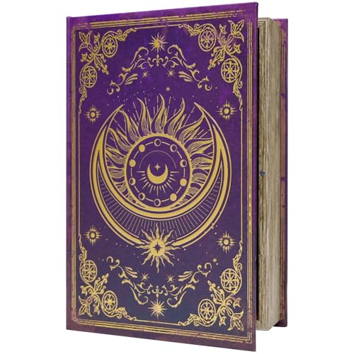 Hidden Book Safe with Magnetic Closure – Vintage Purple Gold Faux Book Box | Sun Moon Pattern, Secret Compartment for Crystals, Jewelry, Tarot Cards, Gothic Decor for Altar, Home Office - color: L/Moon