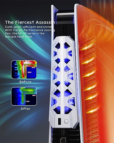PS5 Cooling Fan (Not for Slim/Pro) High-Efficiency Cooler with USB3.0 | Cooling Fan for PS5, PS5 Accessories with Quiet Cooler Fan, Air Balance Blade, Blue Led Light - style: Light Gray