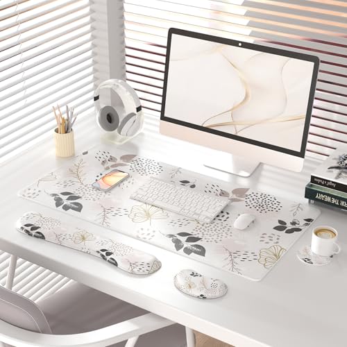 QIYI PU Leather Desk Mat Set, 4-in-1 Ergonomic Wrist Rest, Botanical Leaf | Waterproof Large Mouse Pad 31.5×15.7 + Keyboard Wrist Rest + Mouse Wrist Support+Coaster, Non-Slip Office Gaming Accessories - color: Botanical Leaves