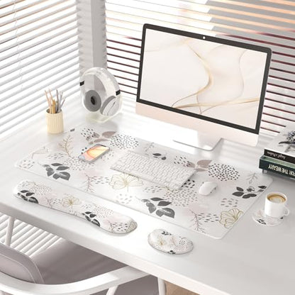 QIYI PU Leather Desk Mat Set, 4-in-1 Ergonomic Wrist Rest, Botanical Leaf | Waterproof Large Mouse Pad 31.5×15.7 + Keyboard Wrist Rest + Mouse Wrist Support+Coaster, Non-Slip Office Gaming Accessories - color: Botanical Leaves