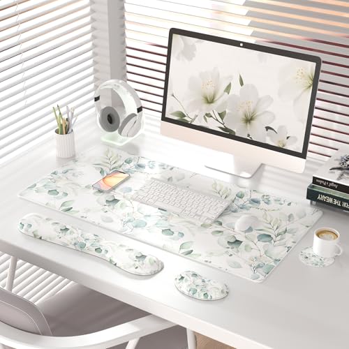 QIYI PU Leather Desk Mat Set, 4-in-1 Ergonomic Wrist Rest, Eucalyptus | Waterproof Large Mouse Pad 31.5×15.7 + Keyboard Wrist Rest + Mouse Wrist Support+Coaster, Non-Slip Office Gaming Accessories - color: Eucalyptus Branches