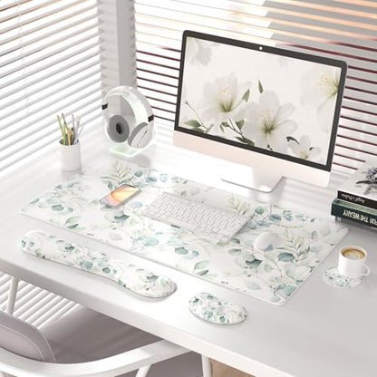 QIYI PU Leather Desk Mat Set, 4-in-1 Ergonomic Wrist Rest, Eucalyptus | Waterproof Large Mouse Pad 31.5×15.7 + Keyboard Wrist Rest + Mouse Wrist Support+Coaster, Non-Slip Office Gaming Accessories - color: Eucalyptus Branches