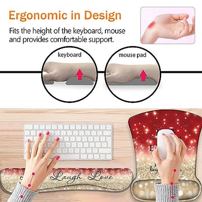 Keyboard Wrist Support + Wrist Mousepad + Coaster Combination, Non-Slip PU Base, with Gel Memory Mousepad, Suitable for Gaming, Office Pain Relief Mousepad Set - Red Glitter Quote ?Live Laugh Love - color: Red Glitter Quote ?Live Laugh Love