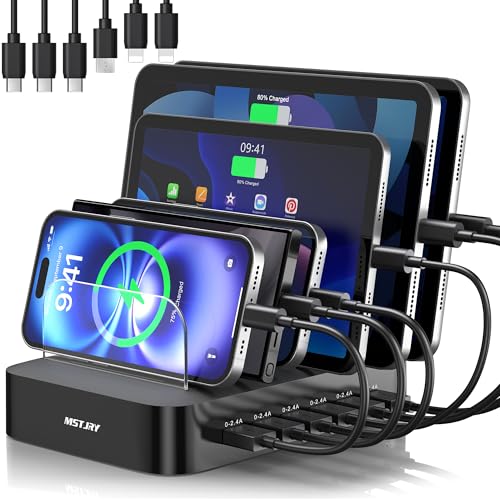 MSTJRY Charging Station for Multiple Devices : 6 Port USB Charger Stations - Family Multi-Device Organizer Charging Dock - Designed for iPhone iPad Android Cell Phone Tablet and Electronic, Black - color: Black