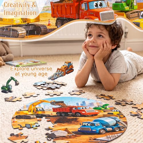 Civaner 70 Pieces Floor Puzzles Round Large Puzzles for Kids Ages 3-5 5-8 Jumbo Jigsaw Puzzle Educational Gifts for Toddlers Girls Boys Baby Shower Holiday Birthday (Construction Vehicles) - style: Construction Vehicles