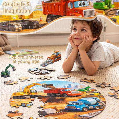 Civaner 70 Pieces Floor Puzzles Round Large Puzzles for Kids Ages 3-5 5-8 Jumbo Jigsaw Puzzle Educational Gifts for Toddlers Girls Boys Baby Shower Holiday Birthday (Construction Vehicles) - style: Construction Vehicles