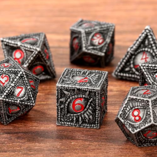 Metal Dice Set, Dragon Eye Theme, 7pcs Polyhedral Metal DND Dice Set, DND Starter Set, D&D Gifts with Gift Bag, Role Playing Board Games Accessories, Red Black Silver - color: Red Black Silver With Gift Bag