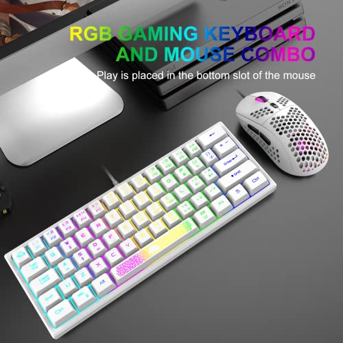 60% Gaming Keyboard and Mouse Combo Samll Mini RGB LED Backlight Mechanical Feeling and RGB 6400 DPI Honeycomb Optical Mouse,Gaming Mouse pad for Gamers and Typists - color: White