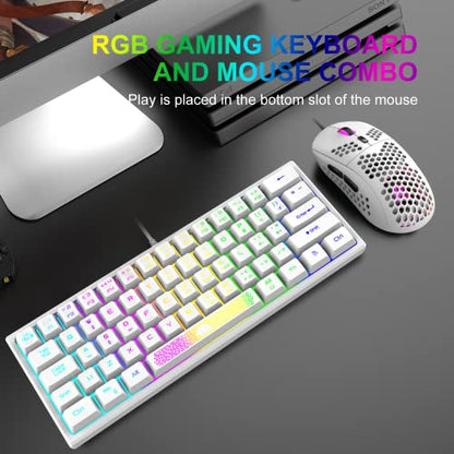 60% Gaming Keyboard and Mouse Combo Samll Mini RGB LED Backlight Mechanical Feeling and RGB 6400 DPI Honeycomb Optical Mouse,Gaming Mouse pad for Gamers and Typists - color: White
