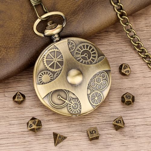 Mini DND Dice Set with Bronze Steampunk Gear Pocket Watch Shell Case, 7pcs Polyhedral Metal DND Dice Set, D&D Gifts with Gift Box, Role Playing Board Games DND Accessories - color: Gear