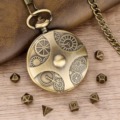 Mini DND Dice Set with Bronze Steampunk Gear Pocket Watch Shell Case, 7pcs Polyhedral Metal DND Dice Set, D&D Gifts with Gift Box, Role Playing Board Games DND Accessories - color: Gear