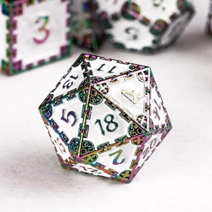UDIXI Metal DND Dice Set Polyhedral Metal Dice Set D&D for Tabletop Games | 7-Pieces, Dragon Carved, Chain-edge Design, Metal Gift Box, DM Gift, for Dungeons and Dragons Role Playing Games - color: Chain Frame-colorful White