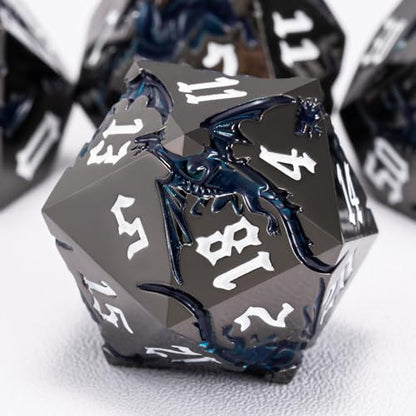 Dungeons and Dragons Dice D&D Metallic Dragon Sharp Edged Dice Set with Box, Polyhedral DND Role Playing Game D and D Dice Set D20 D12 D10 D8 D6 D4 - color: Dragon-black Nickel Sparkle Blue