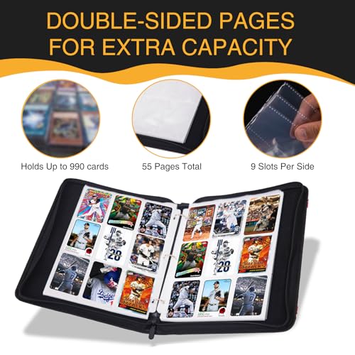 Collectible Trading Card Albums, 9 Pocket Trading Card Holder Fits 990 Cards With 55 Removable Sleeves Card Storage Organizer Case Compatible with Trading Card and Other Sports Cards - color: 990-RED&BLUE