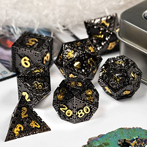 UDIXI Metal DND Dice Set Polyhedral D&D Dragon Metal Dice for RPG (Black) | 7-Pieces, Dragon Carved, Chain-edge Design, Metal Gift Box, DM Gift, for Dungeons and Dragons Role Playing Games - color: Chain Frame-black Golden