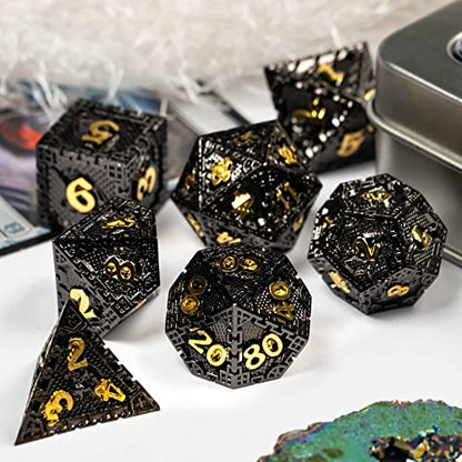 UDIXI Metal DND Dice Set Polyhedral D&D Dragon Metal Dice for RPG (Black) | 7-Pieces, Dragon Carved, Chain-edge Design, Metal Gift Box, DM Gift, for Dungeons and Dragons Role Playing Games - color: Chain Frame-black Golden