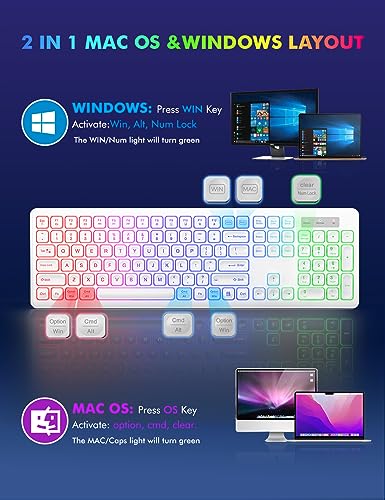 Wireless Keyboard and Mouse - RGB Backlit, Rechargeable & Light Up Letters, Full-Size, Ergonomic Tilt Angle, Sleep Mode, 2.4GHz Quiet Keyboard Mouse for Mac, Windows, Laptop, PC, Trueque(White) - color: White