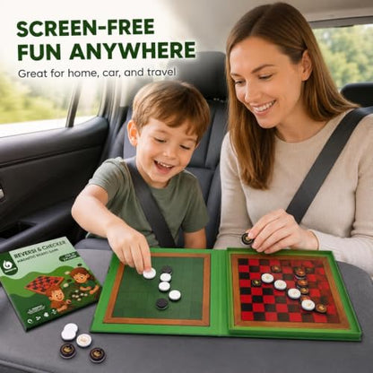 2-in-1 Checkers & Reversi Board Game | Magnetic Travel Games for Kids 8-12 | Plane Activities for Kids Ages 8-12 | Foldable Magnetic Checkers & Travel Activities - style: Checkers & Reversi